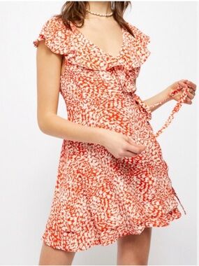 Free People Orange and White Floral Ruffle Mini Dress